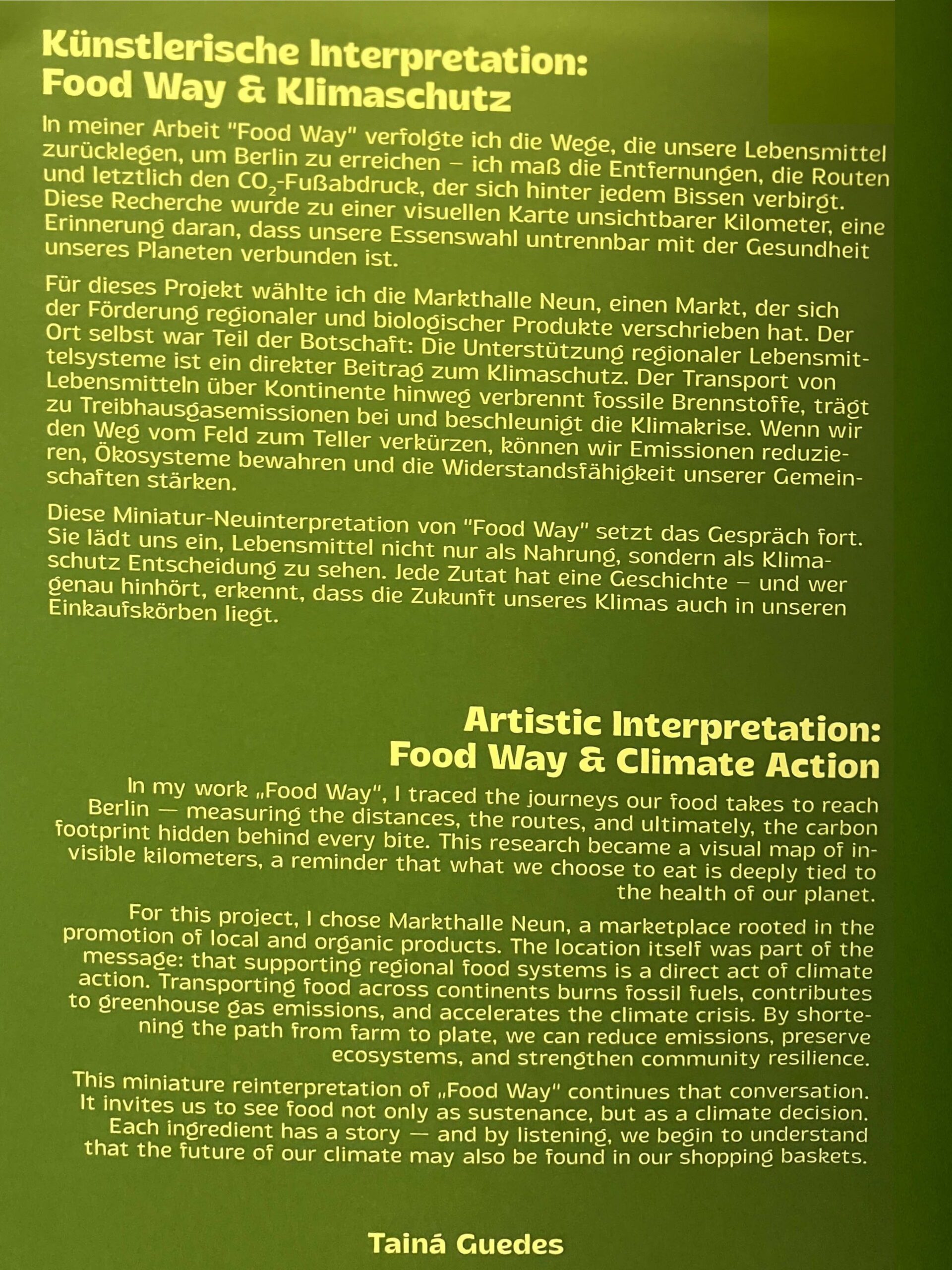 Eine Texttafel zum Werk „Food Way und Klimaschutz“