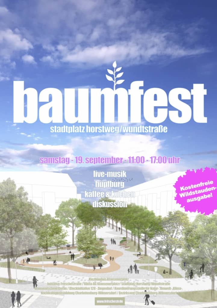 Plakat zum Baumfest 2026 in der Fritschestraße, in 10585 Charlottenburg. 